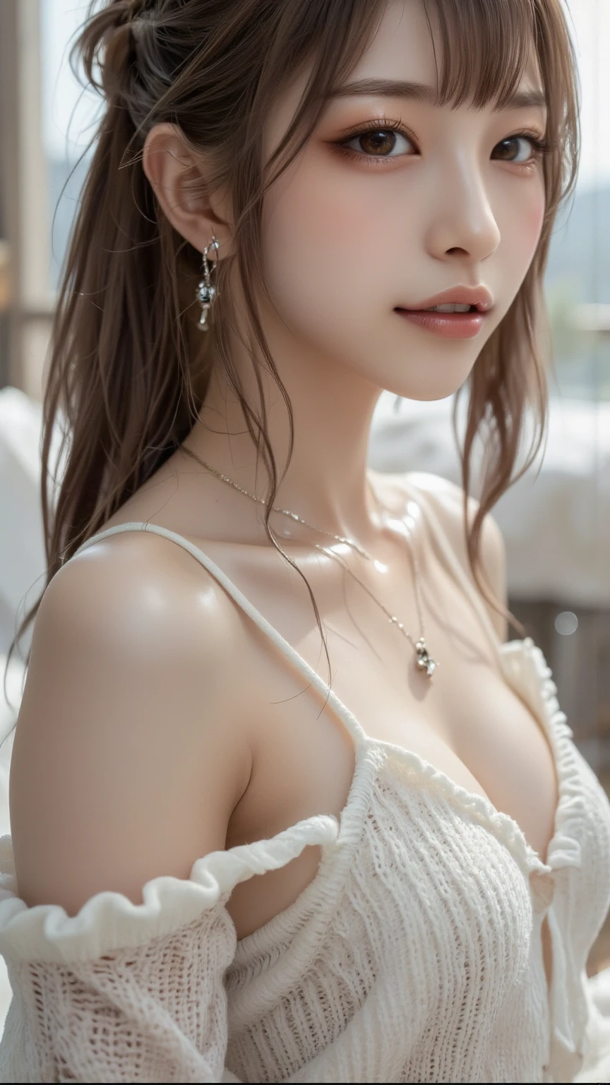 Urban beautiful girl college student, masterpiece, light makeup, red lips, silver hair, messy long hair, street background, beautiful, elegant. super fine details, master works, authentic texture, cinematic lighting realism, perfect job, 8K, hd, exquisite features,blue eyes、japanese idol、Beautiful Face、cute smile、brown hair、beautiful hair、Stylish hair style,glamorous、 big breasts、erect nipples、Oily muscle、shiny skin、tanned skin、Black glowing skin、Wear a bath towel in the shower room, bright big eyes, smooth skin, earrings, necklace, tattoo