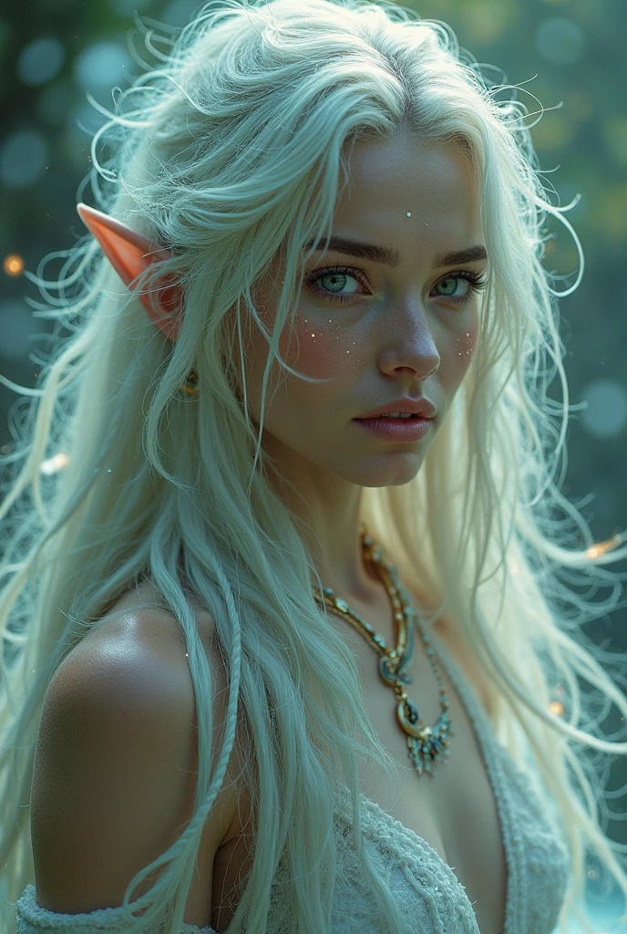 B_7, A magical scene featuring an elf woman with long, flowing white hair and pointed ears, glowing particles. The soft, ethereal light from the illuminates her face and highlights the delicate details of her features and surroundings. Her expression is one of quiet concentration as she interacts with the mysterious substance. Captured with a Nikon Z9 using a NIKKOR Z 85mm f/1.2 S lens, aperture set to f/2.2, ISO 400, emphasizing the luminous quality of the scene while maintaining sharp focus on the subject, <lora:BDetailedv4:0.6>