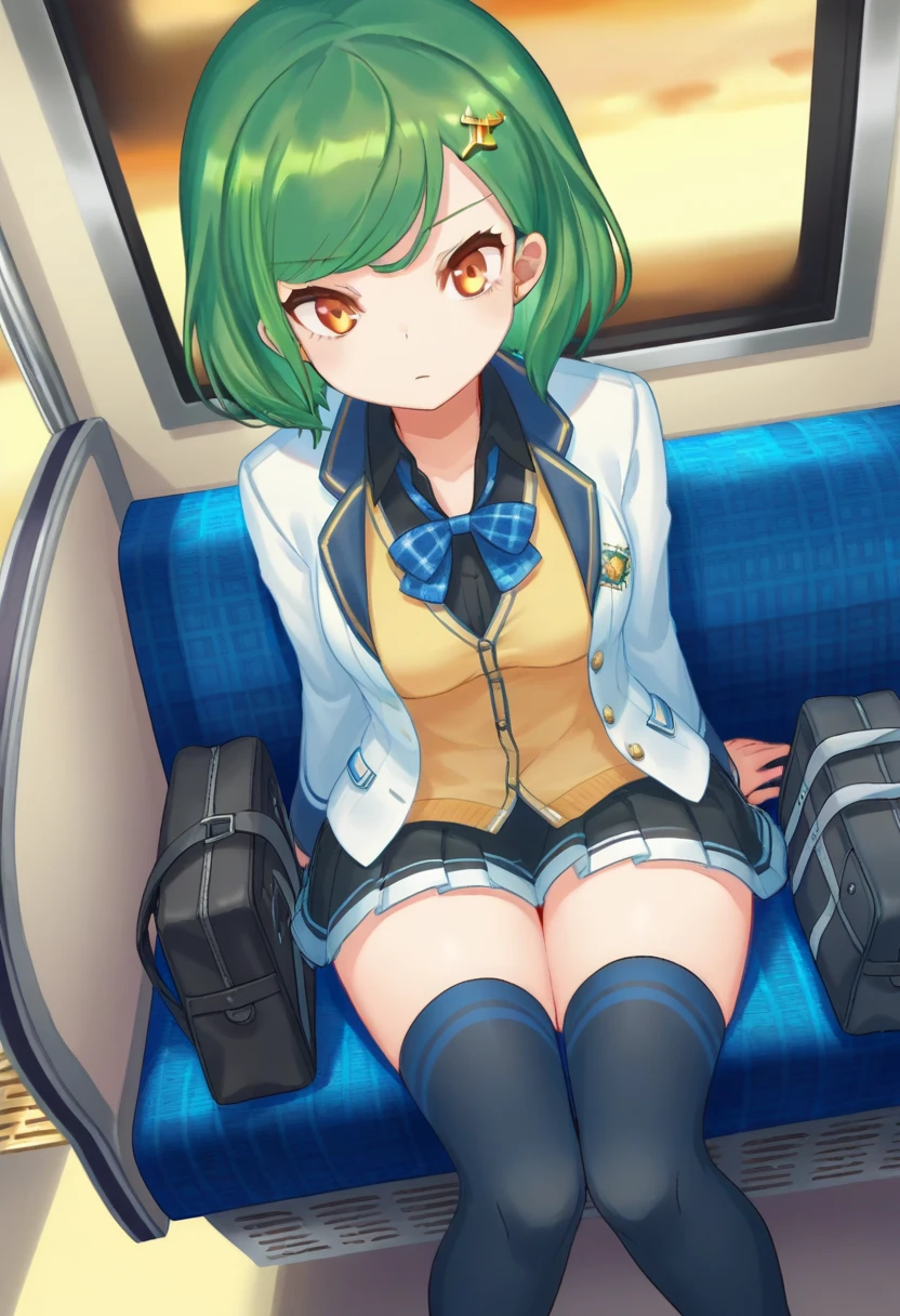 Anime girl with green hair and blue top lying in the subway, ??????????? loli, Ecchi anime style, Seductive Anime Girl, sat down in train aile, Smooth Anime CG Art, Ecchi, the anime girl is crouching, beautiful anime girl squatting, (SFW) safe for work, Rei Hiroe, Ecchi style, Anime Best Girl