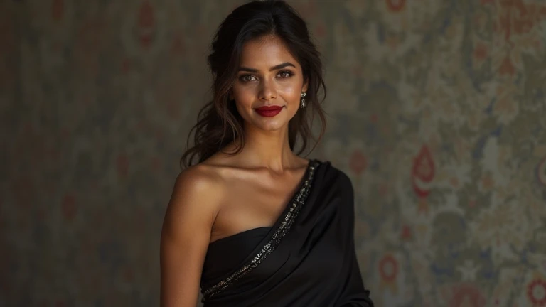 Indian super model, wearing sexy black saree and sleeveless blouse, sexy , huge breast, cleavage, oily skin, lusty looks, plus size model, sexy expression, high end makeup, smokey eye, black ponytail hair, 8k, cinematic, face mix of alia bhatt and deepika padukone