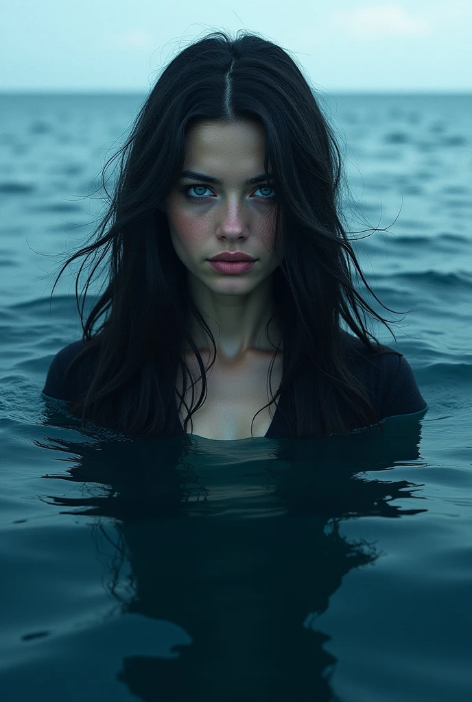 English woman,white fair skin,sparkling green eyes,dark purple hair,black greek dress goddess,coming out of the black sea,cinema image,品質,full body images,detailed
