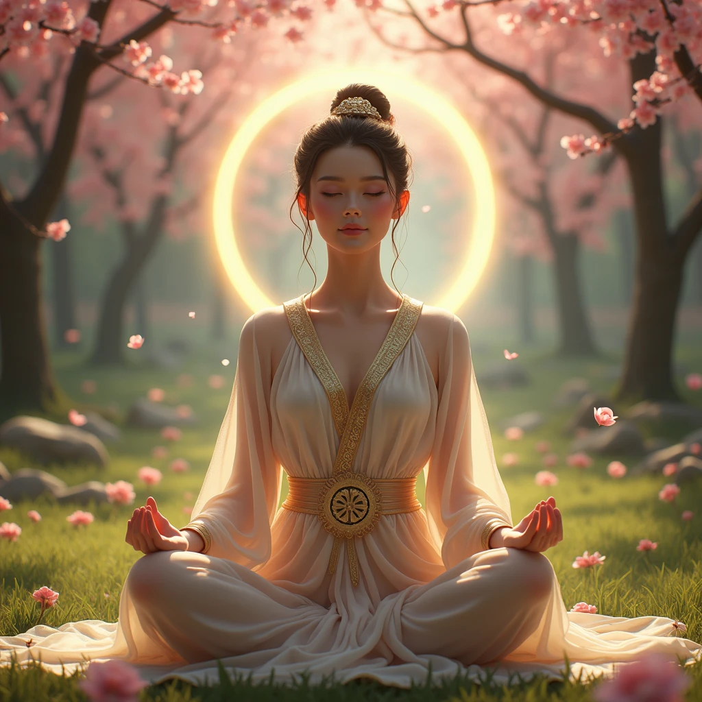There was a beautiful woman sitting on a large lotus flower,Sacral disc sitting,Soft and light clothes,Flowing cloud,Cloud,the trees,fresh flowers,(nice hand),(Good feet),(good legs),realisticlying,white skinned,((Correct body structure)),White clothing,decorated in white,baiyun,Blue sky,Head background with round light,Behind him is a rainbow circle,Front lighting,Positive light,No shadows on the face,There are no shadows on the body,Blue sky,Unreal space,ethereal world,dreamworld,with blue sky and white clouds,tmasterpiece,4K,ultra-definition,professional photoshooting,