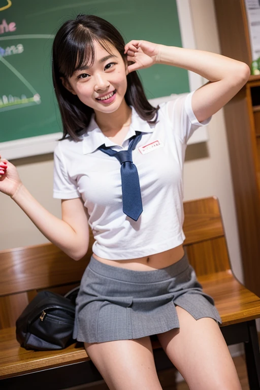 Photo Real、photoRealstic　A darK-haired、Straight hair、shorth hair、Very short hair　with round face、drooing eyes、Laugh so hard that you can't see it、Open mouth and laugh out loud、Narrow-eyed、no-makeup、Suppin　hi-school girl、sixteen years old、skinny  body、muscular body、Soft thighs、large full breasts、vaginale、、Female genitals、japaneull body Esbian、Very flexible body　Uniforms、White wet shirt、Well good, no uderwear, red ribbon、square pattern skirt、Very short skirt、The whole body gets wet with sweat　Pose with open legs、Take rhythmic gymnastics poses、One leg standing pose、Crotch that opens more than 300 degrees、Show off your crotch、Exposed crotch、Very smiling　Background with、‎Classroom、window、chalk board