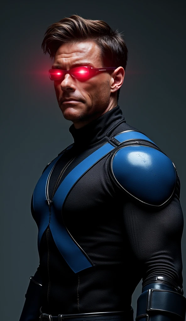 <lora:XMen-SSCyclops:0.5>, realistic portrait photo of a 45 year old muscular (man), beard stubble, wearing navy blue latex suit with yellow accents, big pecs, big arms, bulge, intricate, yellow laser visor over eyes with red glow, sharp focus, photo by greg rutkowski, soft lighting, vibrant colors, (masterpiece), ((empty dark streets)), (detailed face), , serious face, night, , cinematic lighting, beautiful lighting, cinematic lighting,
