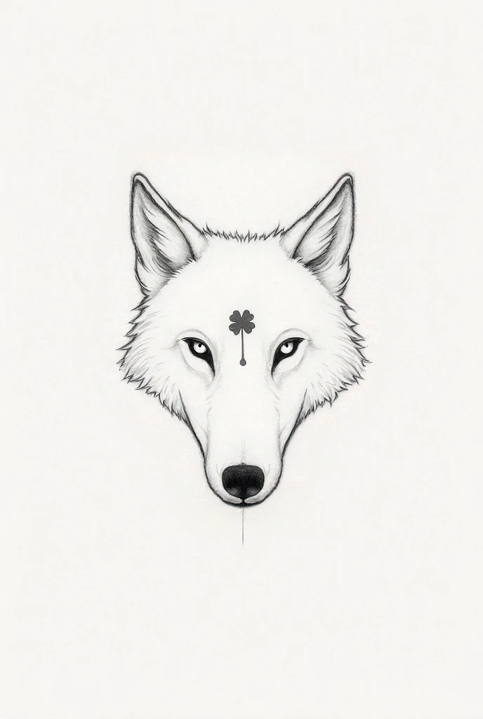 Dessin minimaliste au crayon en contour d'une tête de loup a la place des yeux il faut un point lumineux et a son front un trèfle a 4 feuilles en symbole knot