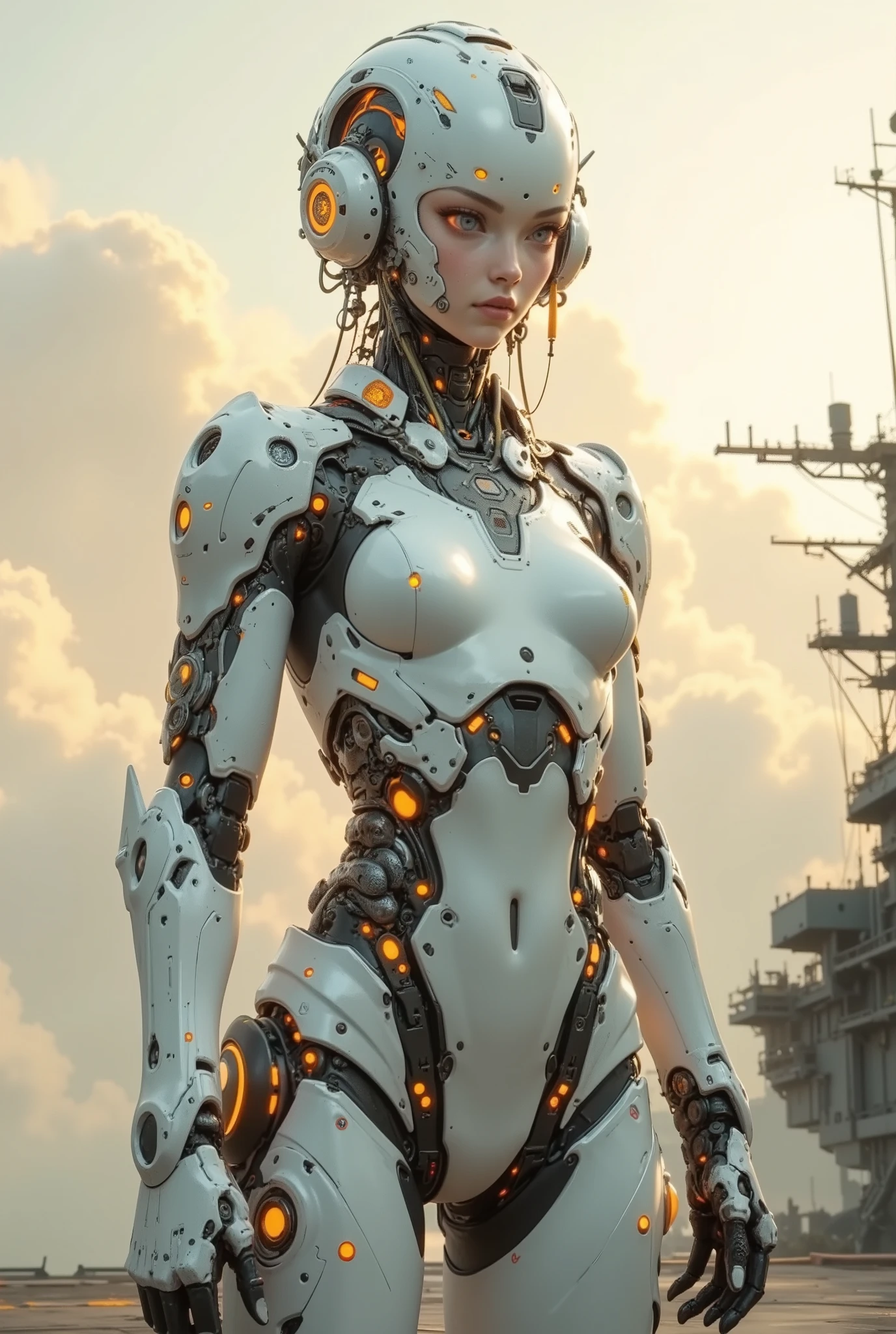 Ultra-modern cyber futuristic concept cyborg-android woman,in a white ceramic case, biomechanical fusion, ultra-detailed cybernetic head, hyper-realistic skin texture combined with a naked titanium endoskeleton, luminous neural implants, neon illumination of elements (turquoise and purple colors), micro scratches on the body, rendering Unreal Engine 5, 8K, She is dressed in smooth futuristic white ceramic armor, resembling advanced armor with complex mechanical parts and visible connections, circuit boards, microcircuits, With thin grooves, ports and neon lighting, markings, the costume design combines tactical aesthetics and cutting-edge technology.  Her expression is thoughtful, her gaze is fixed into the distance.  She's standing on a futuristic aircraft carrier or similar vessel.  The setting is a vast landscape with clouds at dawn or dusk, with a magnificent gradient of pastel orange and pink shades in the sky in the style of Vadim Kashin's works. The deck of the ship is visible below, replete with mechanical structures and details that create the feeling of a futuristic war.  The lighting is impressive: the soft golden light highlights her figure against the clouds, while the bright light illuminates individual parts of the deck and the ship.  The composition of the image is dramatic, emphasizing her pose and the futuristic ship.  The colors are mostly pale, cool - white, gray and pastel orange. The mood is serene, although there are hints of a futuristic atmosphere potentially associated with conflict. The textures are made of smooth ceramic, composite, metal and plastic materials.  The overall style is sci-fi, cyberpunk, and anime-inspired, combining elements of mechanical and organic design.  Wide-angle angle, possibly shooting with a long lens.