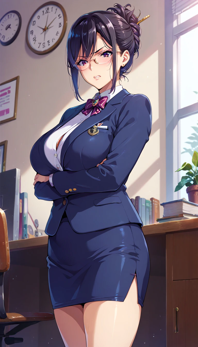 (masterpiece, best quality, ultra-detailed, high resolution, detailed eyes), takeda hiromitsu style, 1mature female, teacher, black business suit, pencil skirt, glasses, wavy black hair up, big slant eyes, annoyed, curvy body, huge breast, cowboy shot, love juice, blushing, trembling