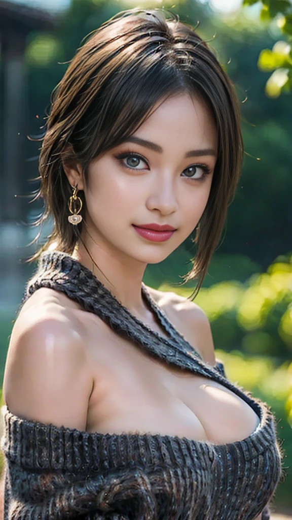 (Masterpiece:1.2, Best Quality), 1 girl, Spanish, 38 years, Delgado, slender, adjust shoulders and arms, Brown eyes, sharp eyes, Little mom, Leaning forward, in front of the viewer, dress, strappy sandals, blouse down, messy black hair, nature, serene spaces, on a stone, with Barcelona in the background, sacred Family, thin face, beautiful fingers,