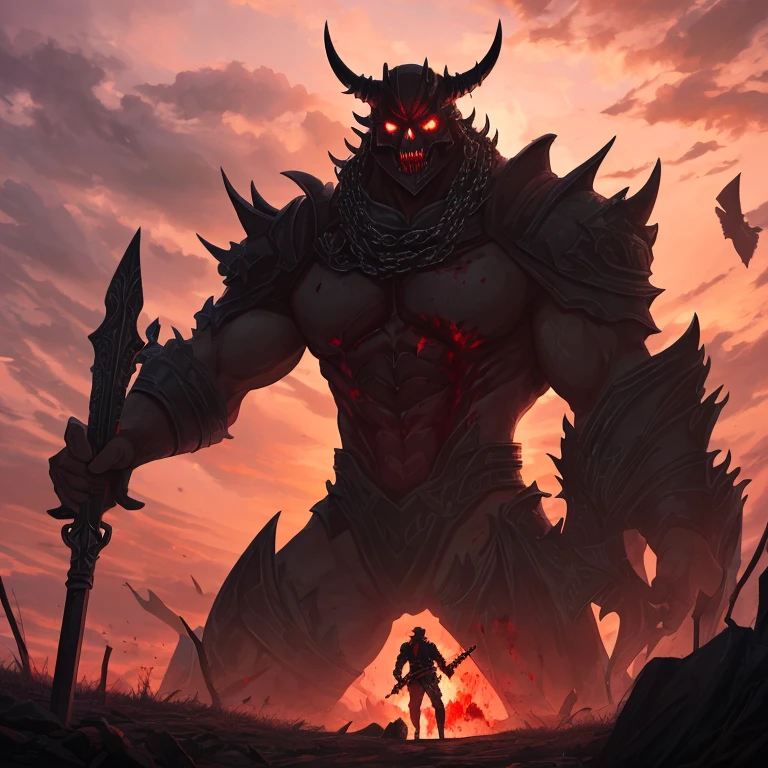 A terrifying behemoth standing silently in the ruins,Flames abound