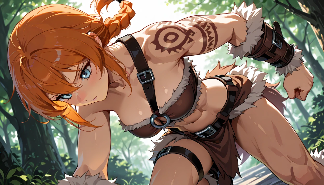 ((masterpiece)), (best quality), official art, extremely detailed CG unity 8k wallpaper, highly detailed, shiny skin, Depth of field, vivid color,<lora:Roa:0.7>, Roa, lion ears, (<lora:Eyes:0.7>,brown eyes), short hair, (small breasts:1.5, flat chested), (full body:0.6), shoulder free top, jeans hotpants, gauntlets with spikes, gloves, metal boots, front view, body shot, lion tail, (jungle:1.2),