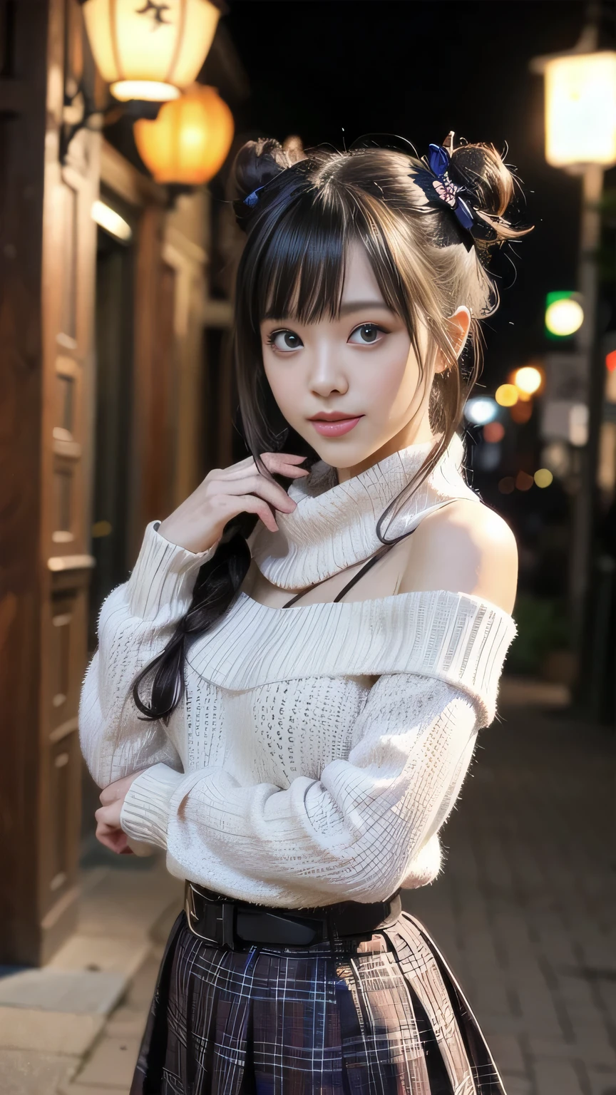 looking back,Selfie, (beautiful japanese girl), (Shot with Canon EOS 5D Mark 4 and Canon EF Lens 85mm F1.8L lens, F value 2.8, ISO 50, shutter speed 64), beautiful and fine eyes, perfection , perfection, roll your eyes, detailed face, fine eyes, excellent quality, masterpiece, very detailed, Advanced level of detail, many details, high quality, cinematic light, real hands, (super realistic:1.3), smile, seductive smile, high school student , perfect eyes, detailed skin, skin blemish, (153cm tall), (chubby : 1.3), cleavage, disproportionate breasts,
yuuka, blue eyes, halo, (purple hair), two side up, long hair,
braless, Hollow Out 3/4 Sleeve Pullover Sweater Off Shoulder T-Shirts, Mini Skater Skirts,
ruins,on the cyber city, Ruins of Databases,