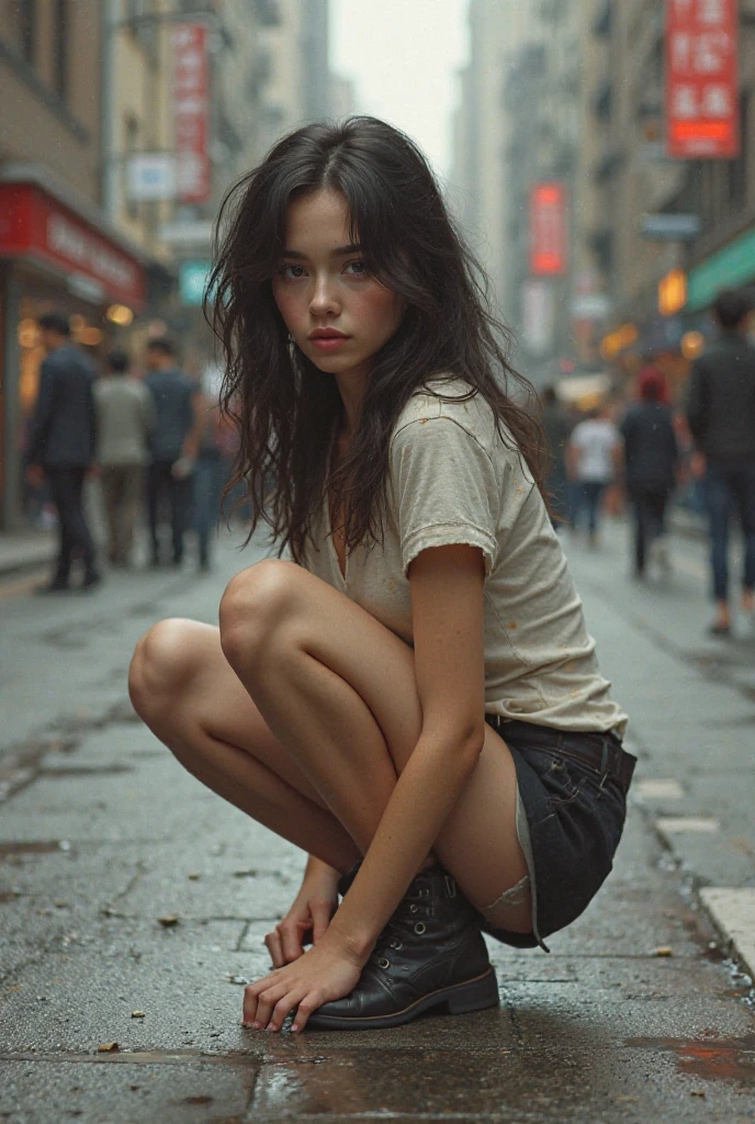 cute, pretty, chinese girl, small chest, , thin, thin face, long face, full body, long loose black hair, bare feet, in the streets, young, shy, embarassed, thin legs, long legs, model body, gorgeous, teen, teenaghand cing up private parts, naked, flat chest, flat butt