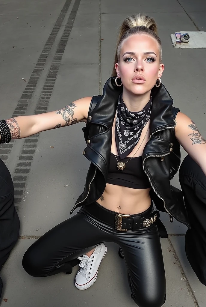russian old milf woman, grey hair (male high quiff with shaved sides) with very light blue eyes, extremely pale. Wearing  cropped black moto jacket (with side zippers and pins), undersized burgundy and white lace push up bra with white seams , dark skinny stone washed blue jeans (with white seams) and pointy silver Chelsea boots with cuban heels . Lots of metallic bracelets and collars. Tacky wide studded leather belt (with oversized skull and bones huge buckle). Long bohemian earrings. Kneeling like in a payer, looking at the camera, humble facial expression. Hands on her knees, showing off bracelets and rings. studded black leather tote bag with chains on the floor, next to her..  Listening in amazement to somebody speaking to her with tilted head, well toned abdominals, thin neck, slim legs and thin arms. Tattoed heavily.  In a church: a lot of people around outraged. next to her, all her belongings on the floor. 