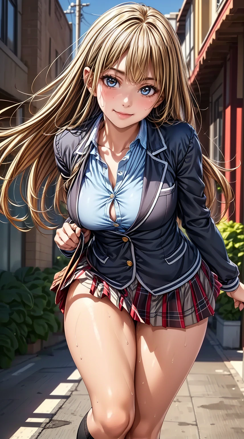 Masterpiece, Best Quality, Official Art, (Highly Detailed CG Unity 8k wallpaper), Detailed background, (Hands by Guido Daniele: 1.1), Feet out of frame, First Person View, 1, Attractive and perfect beautiful woman, Schoolgirl, JK, Schoolgirl uniform, rainy day, a lot of rain, Wind blowing, Sitting, Open legs, (Curvaceous), ( White thighs: 1.12), (brown long-haired (Ahoge: 1.13), (High Ponytail: 1.12), (Green Eyes: 1.13), Look at the Beholder, Big, (cleavage), Beautiful Face, (Blush: 1.11), (Smile: 1.11)
