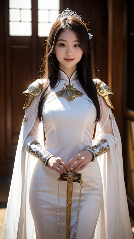 8K、ultra-detailliert、masterpiece、top-quality、(ighly detailed)、dynamic ungle、mysterious look、Wind-effect、Fantasy Background、Rim Lighting、ciinematic light、超A high resolution、8K UHD、film grains、Best Shadows、delicate、RAW、Particles of light、detailed skin textures、detailed armor texture、A detailed face、intricate-detail、ultra-detailliert、发光、strong con、Silver armor、(Holding weapons)、Slashing、Slashing Action、large full breasts,scapular、radiant eyes、 long cloak、Fantasia、(逼真)、armor on the shoulders、Convoluted、Convoluted、Perfect litthing、looking at the viewers、电影灯光、flying though the air、flight、Holy Light、Brilliant、bangss、Windy、Frozen mountains々、Long white wavy hair、Rich Queen