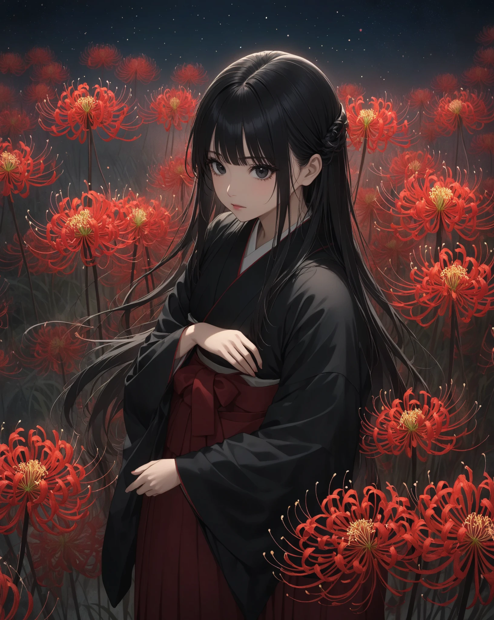 A woman in a hakama surrounded by Manjusaka、solo、 black eyes、black hair、long hair、upper body、Spider Lily、Night Sky、sparkle、Best Quality、masterpiece:1.2、8k、isometric illustration 、Red Spider Lily