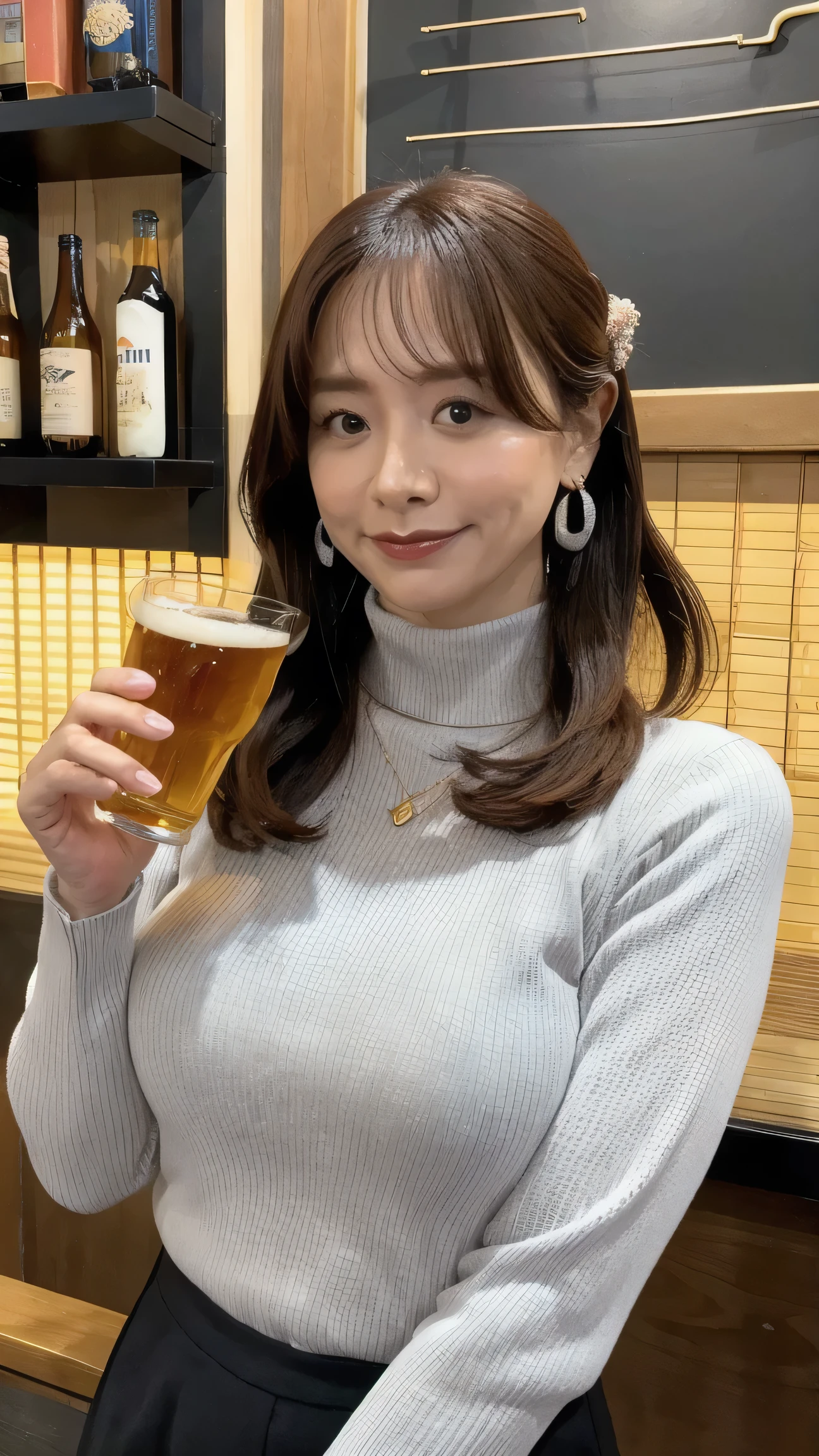 all of the heads fit within the frame、drinking beer at an izakaya、Touching the breast with one hand is the top priority、 silver thin necklace、golden ring earrings 、I'm wearing a light gray knit body-fitting turtleneck sweater、Hairstyle in a bun