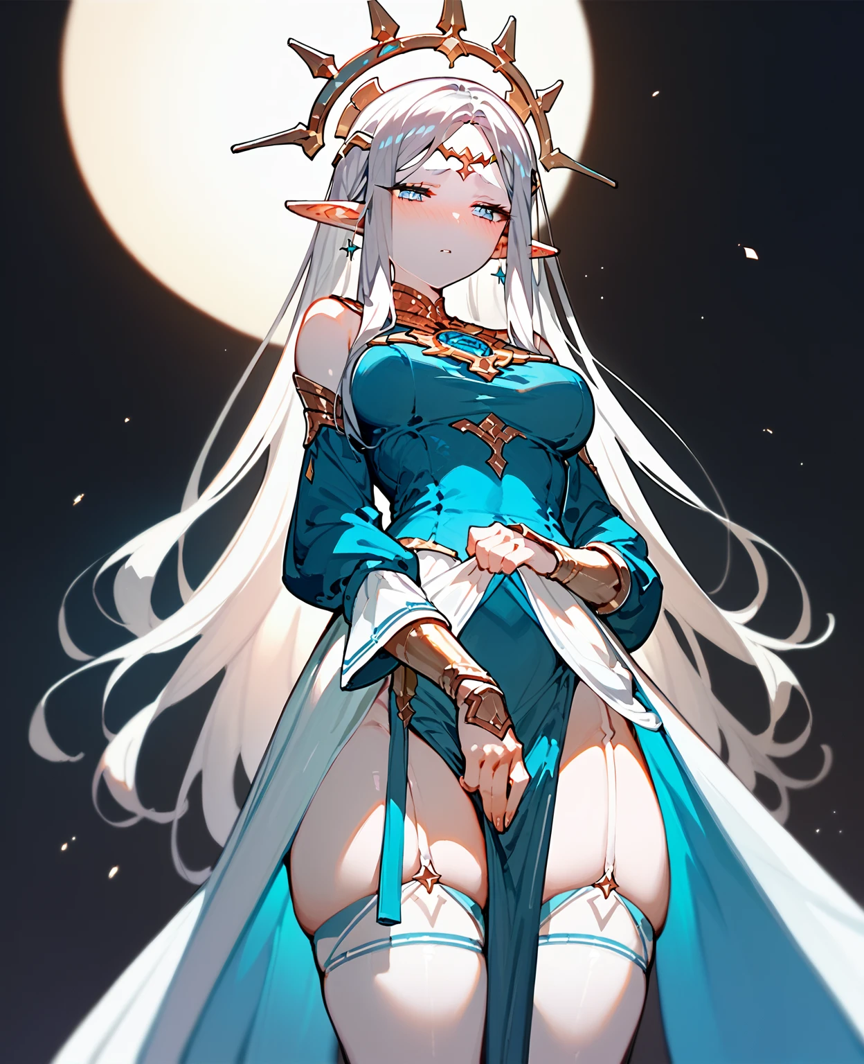 Generate images of an elf with alabaster skin and moon-white hair, con ojos profundos y penetrantes. Its pointed ears show its elven origin., y su belleza es celestial y voluptuosa, con curvas suaves y pechos generosos. The clothing that surrounds her must be as magical as her being., resaltando su figura imponente y su encanto hipnotizador
