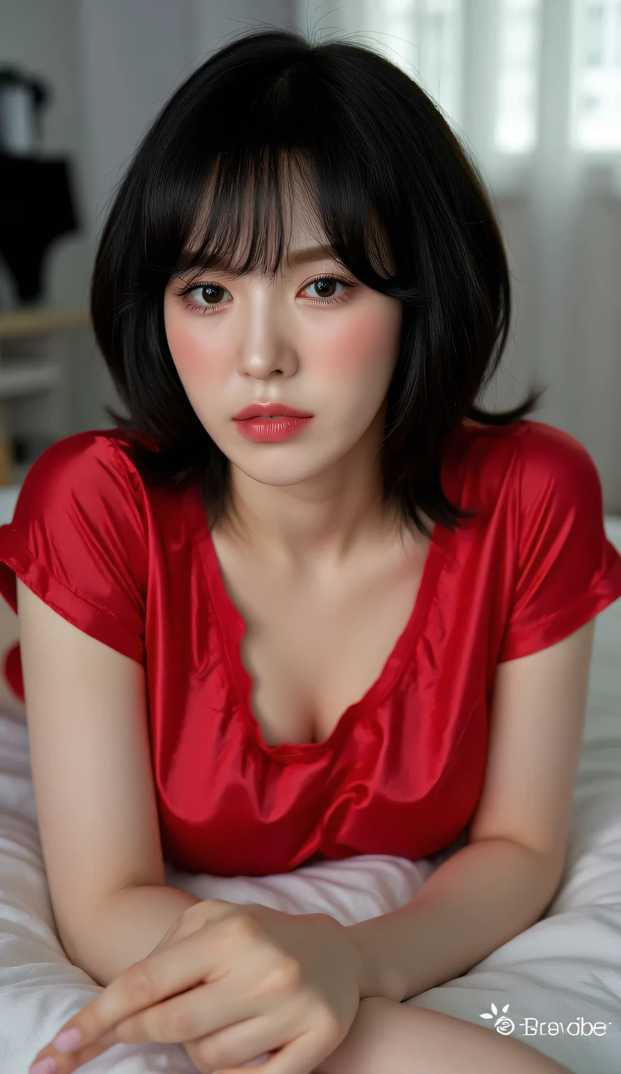 a woman, sleep on your stomach on a mattress, body facing the camera, eyes looking at camera , using red satin material sleeveless wet muslim t-shirt, using black stockings, white highheel shoes, big size G-cup, thick short hair of black color, seductive face, red lips, all over wet body, bras and underwear scattered in the room,