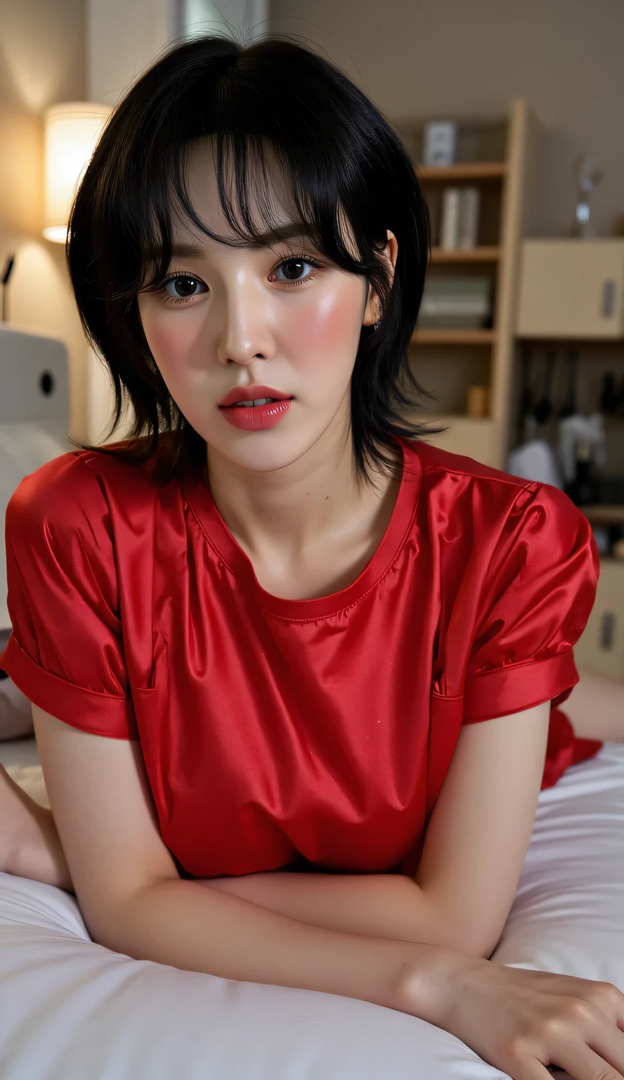 a woman, sleep on your stomach on a mattress, body facing the camera, eyes looking at camera , using red satin material sleeveless wet muslim t-shirt, using black stockings, white highheel shoes, big size G-cup, thick short hair of black color, seductive face, red lips, all over wet body, bras and underwear scattered in the room,