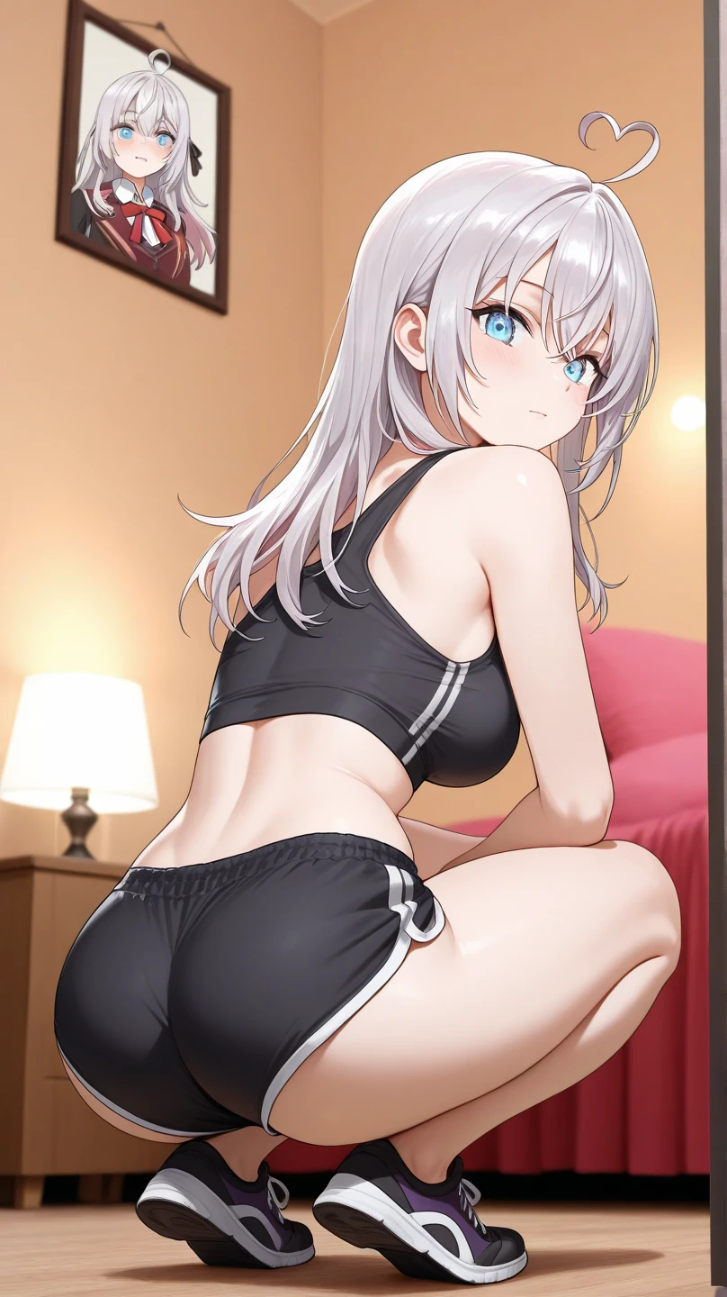 , school girl, sports bra, short , ponytail, fit clothes, red eyes, silver hair, spread leg, wet, Lying with legs spread,