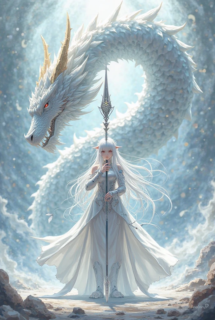 A beautiful girl in white clothes, long white hair and a giant white dragon on the side.
