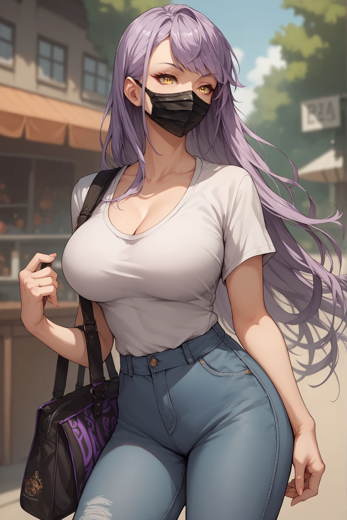 Anime girl with purple long mullet hair, side bangs, wears a mask, yellow sharp eyes, Solo, High Resolution, blurred background, casual clothes, Breasts, Best Quality, curvy, thick, Large breasts,
