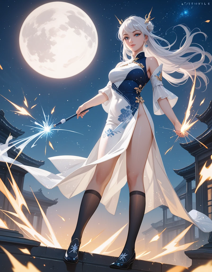 garota, localizado na esquina, looking at the sky, Sozinho, Mona (impacto genshin), Gargantilha, cabelo entre os olhos, star (symbol), cabelo longo, cabelo roxo escuro, twintails, olhos azuis, olhos brilhantes, joia, bruxa, housekeeper, franja, vestido preto roxo, saia roxa, avental branco, paisagem, noite sky, star (sky), starry sky, noite, ar livre, nuvens, reflection, Water, Magia, tarot, Water Magia, ((linda estrela de cristal dourada)),  space, Water droplets, Respingo