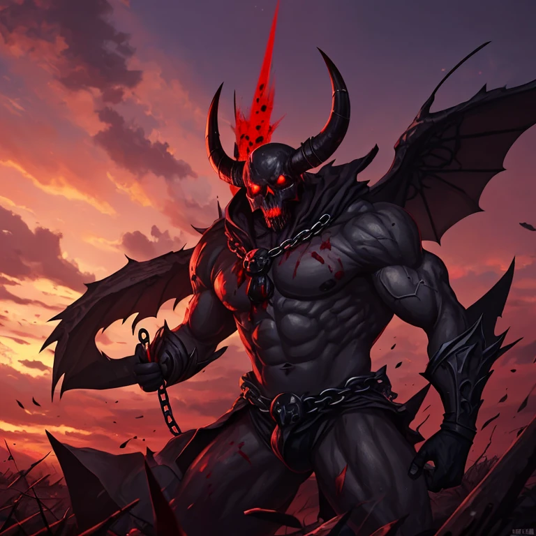 dark red Male demon, Dante's inferno, whimsical, gloomy, 1 demon, mannish, muscular body, glowing red eyes, horns, sharp teeth, claws, big bat wings, dark medieval background, hellfire, detailed intricate textures, chiaroscuro lighting, moody atmosphere, cinematic composition, dramatic lighting, dark fantasy, gothic, oil painting