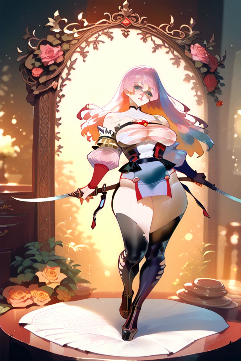 long hair, black hair, (dark skinned female), (nun), big breasts, Big ass, Deer antlers, heavy body, large body, venus body, gigantic large tits, thick thighs, red blush, stockings, winter forest background, dagger, pink hair extensions,