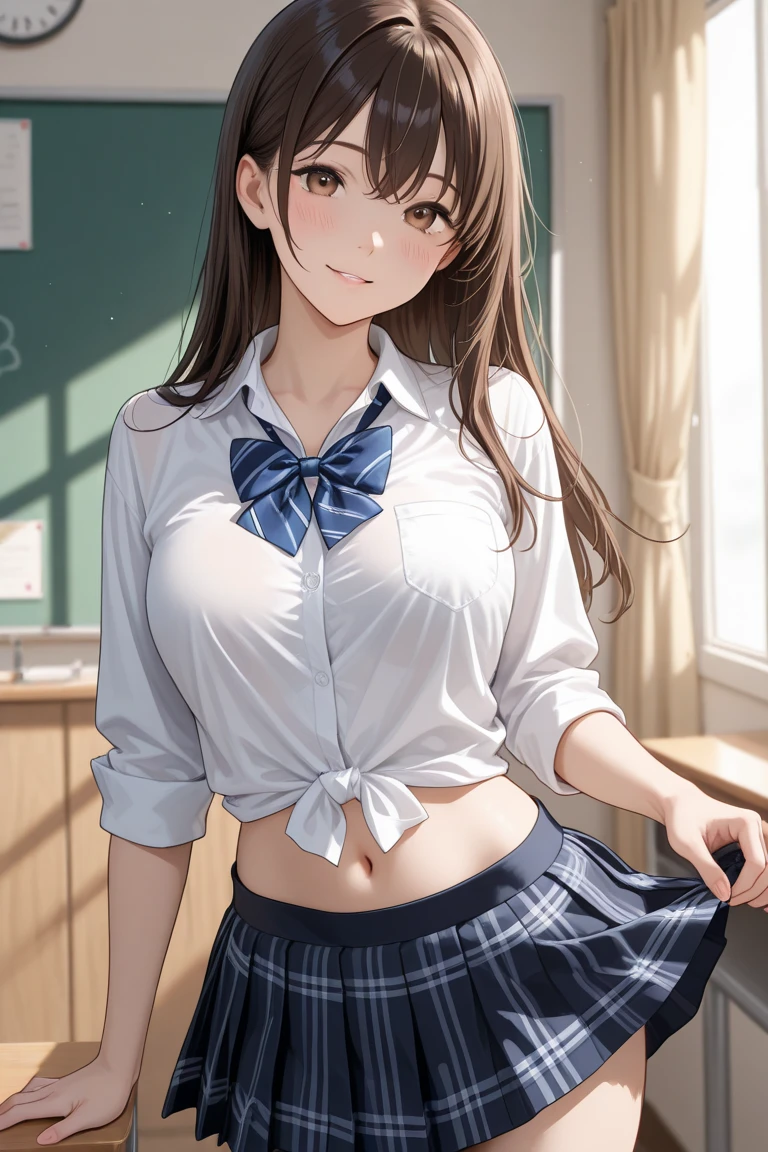 (masutepiece: 1.3), (max resolution: 1.2),, (Detailed eyes and skin), (detailed facial features), nffsw, Sharp Focus: 1.2, Perfect Style, Beautiful face, Perfect body,Highly detailed face and skin texture, Detailed eyes, Dark-blue eyes, Double eyelids, Thin eyebrows, Glitter Eyeliner: 1.2, Natural cheeks, Glossy skin, Fair skin: 1.2, shiny little necklace and earrings, (Glossy lips: 1.Very cute 25-year-old woman), Light yellow bra), (Seductive smile: 1.2), ((a Innocent and cute girl:1.3)), (long, straight haired, bangss), (ligh brown hair:1.2), medium large breasts,　FULL BODYSHOT　Shyness　‎Classroom　Herren　cute little　The shirt　pleatedskirt　sexy  pose　Light yellow lace panties