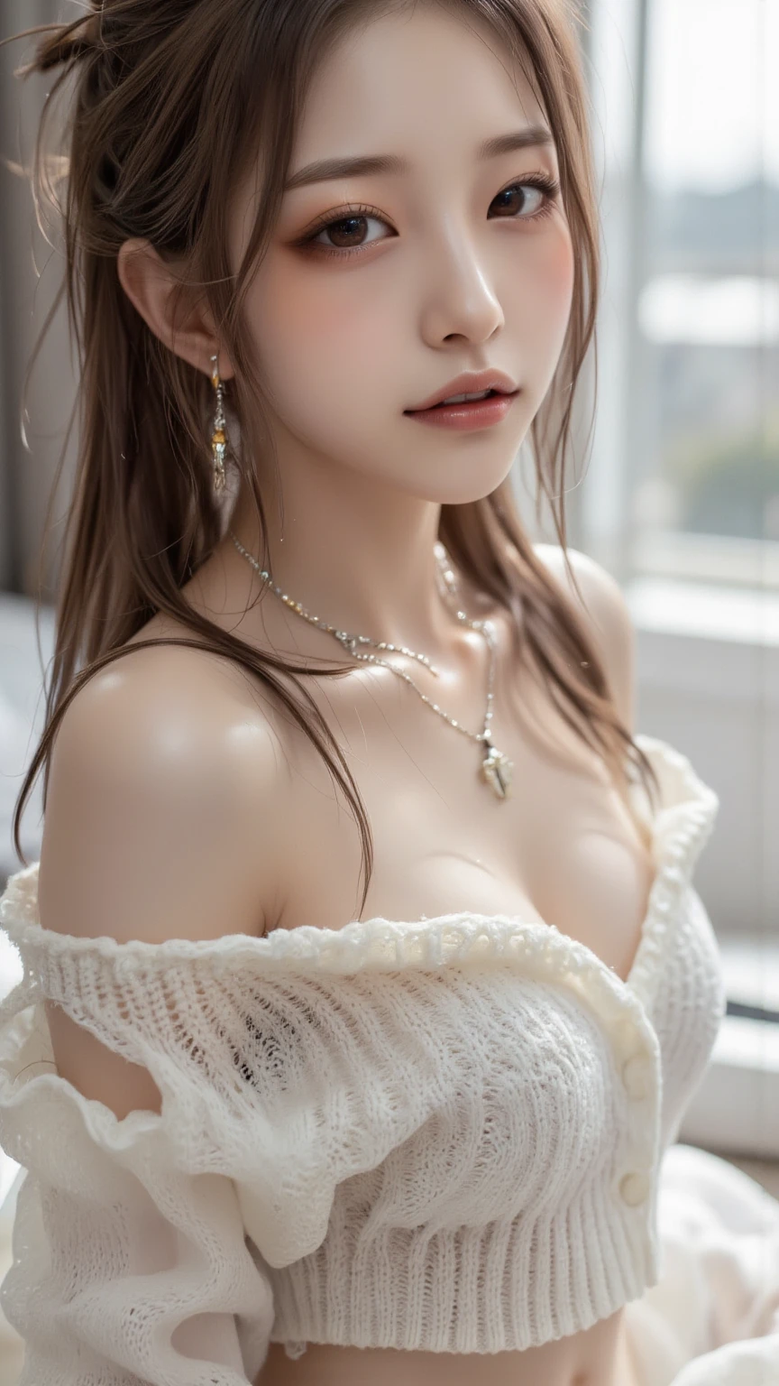 (top quality, 4K, best masterpiece, : 1.3), beauty, ultra-realistic, 1 woman 20 years old, (large), (Attractive slender body))), toned waist, amber-colored hair, (Wet body: 1.1, Wet body: 1.2), fine face, fine lips, fine eyes, double eyelids, sexy low neck gown, large exposed breasts emphasis, big buttocks, open chin, Cleavage, fresh full cute smile with mouth open to show white teeth, cleavage, pointed breasts, side pose, visible curves, party floor, dance floor, party sofa, lying with friends, light robe