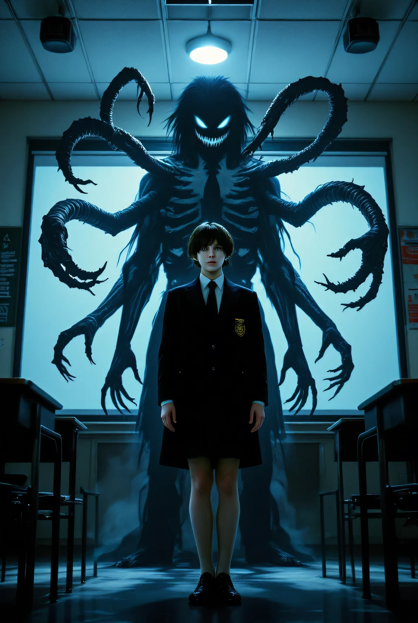 A hyper-realistic depiction of a mysterious transfer student introducing himself in class.  Short hair,  piercing eyes, wearing a dark yet elegant school uniform. Behind him, his shadow takes on a twisted, monstrous form—elongated fingers, distorted limbs, and a sinister grin—stretching unnaturally yet still bound to the light’s logic. The classroom is minimalist, with soft lighting casting an eerie contrast between him ethereal presence and the unsettling figure behind him. The low-angle perspective enhances her quiet dominance while hinting at the horror lurking in his shadow.