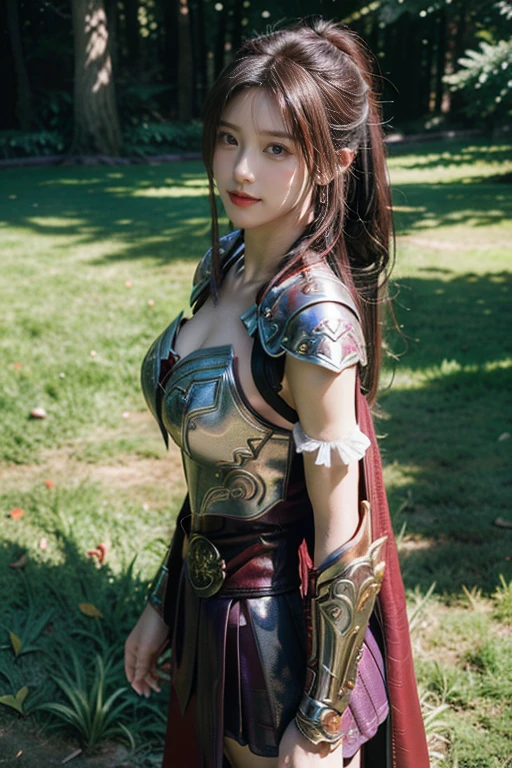 masterpiece,Best quality,A high resolution,8K,Original photo,real photo,Ancient city wall battlefield background,((field:1.8)),digital photography,(Female generals on the battlefield in the Han Dynasty),(((standing on the grass))),18-year-old girl,(long ponytail hairstyle),cparted lips,Full and erect breasts,Noble and charming,Elegant and serious,(Thick purple fish scale armor),Long red cape,The combination of white metal and red leather,Chest covered with gold armor,metallic luster,Leather buckle,Exquisite pattern,mysterious badge,Cool and gorgeouig breasts)),Chest groove,Three Kingdoms character painting style,Photo pose,oc render reflection texture,bright shades,stand in the sun,No shadows on the face,charming smile,Head-up shot,