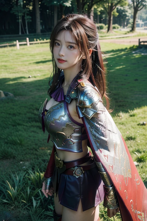 masterpiece,Best quality,A high resolution,8K,Original photo,real photo,Ancient city wall battlefield background,((field:1.8)),digital photography,(Female generals on the battlefield in the Han Dynasty),(((standing on the grass))),18-year-old girl,(long ponytail hairstyle),cparted lips,Full and erect breasts,Noble and charming,Elegant and serious,(Thick purple fish scale armor),Long red cape,The combination of white metal and red leather,Chest covered with gold armor,metallic luster,Leather buckle,Exquisite pattern,mysterious badge,Cool and gorgeouig breasts)),Chest groove,Three Kingdoms character painting style,Photo pose,oc render reflection texture,bright shades,No shadows on the face,charming smile,Head-up shot,
