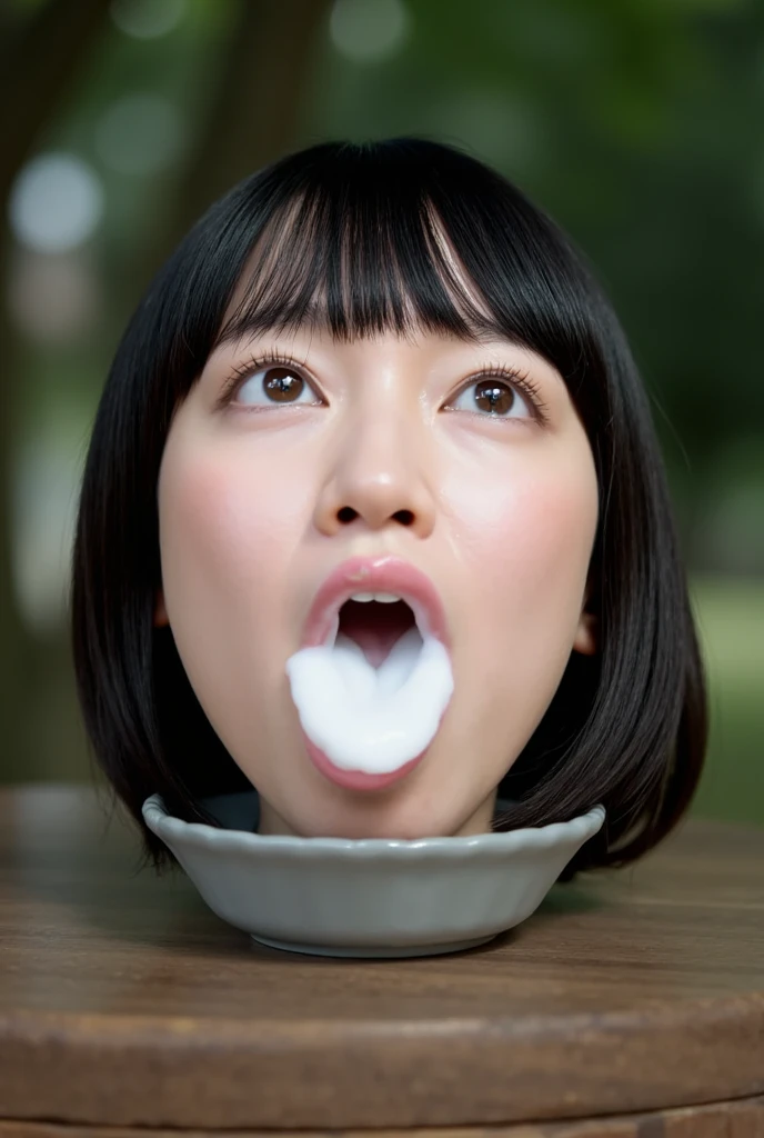 (8K, RAW Photos, Highest Quality, masutepiece: 1.7), (Realistic, Photorealistic: 1.9), NSFW, (Blushing, shy), Sweaty face, (business office room), (Full body, whole body), ((Small breasts)), (((Large amounts of cum in a mouth))), open the mouth, (projectile cum), (((have a glass, Large amounts of cum in a glass)))