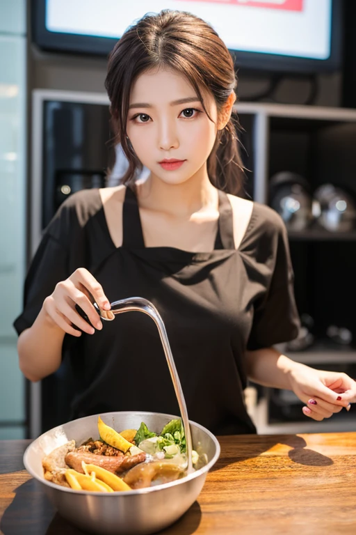 (8K, Ultra high res:1.1) Nguyen, a Vietnamese woman in her 30s, enjoys a delightful street food experience. She savors a bowl of steaming pho, a popular Vietnamese dish, while wearing a casual yet stylish outfit. Nguyen's captivating brown eyes, flawless complexion, and long black hair are highlighted in the high-resolution image. The vibrant street food stall and the mouthwatering aroma of Vietnamese cuisine add to the lively atmosphere, creating a visually captivating representation of Nguyen's love for Vietnamese culinary delights.