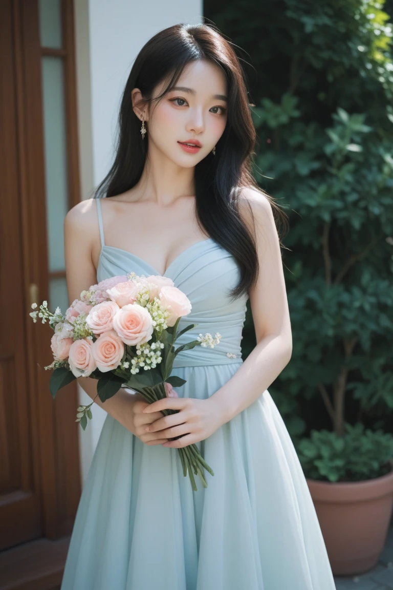 Whiteish Mint Dress、(Highest quality)、((Very detailed))、4K、(8K)、masterpiece、Very detailedな、Highest quality、Super Resolution、1 person、Kind Face、Soft Light、RAW quality、Soft Skin、163cm、Garden Terrace、Thighs、bouquet、knees