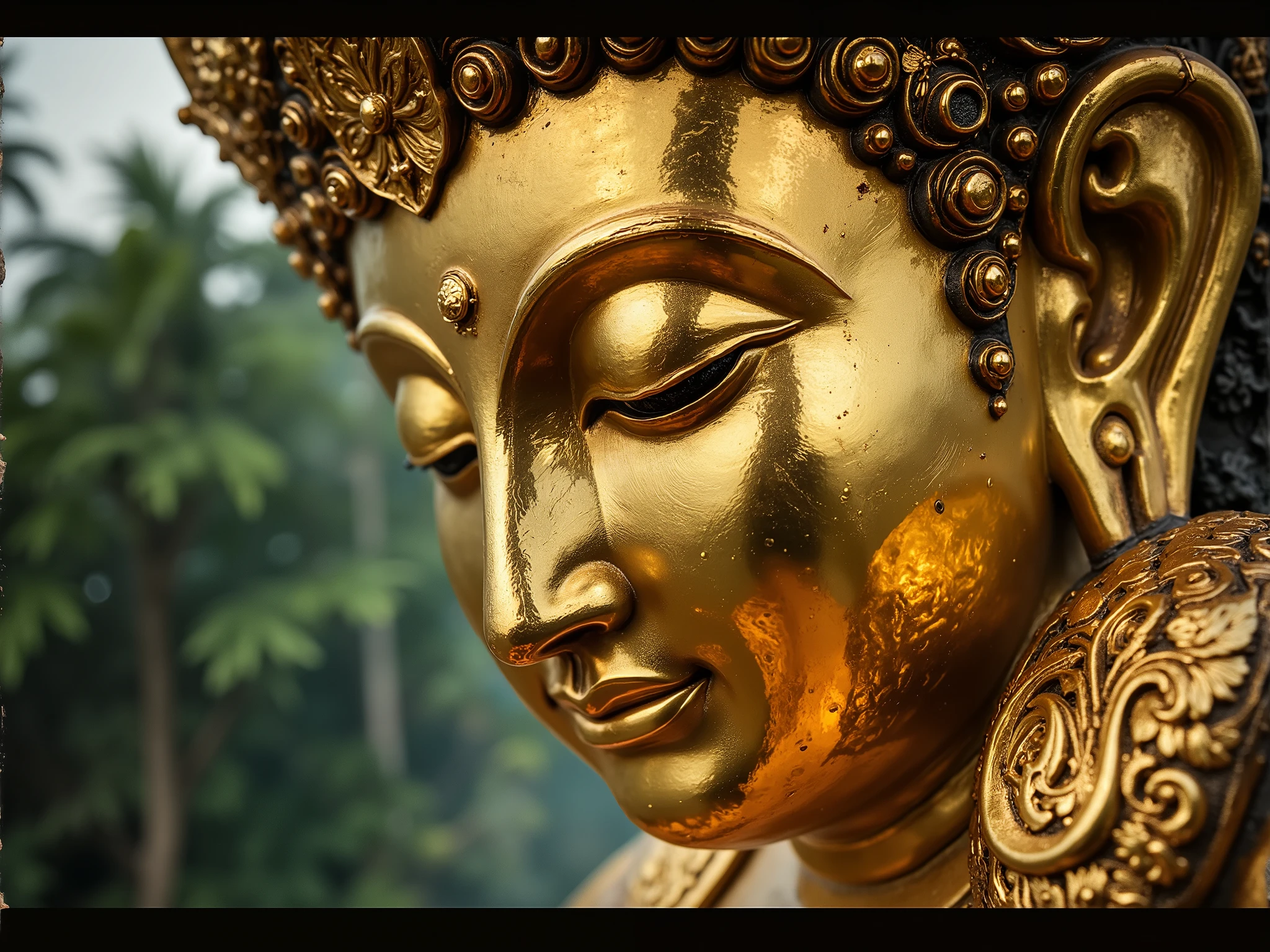 Shiny golden myanmar Buddha Face tilt shot
