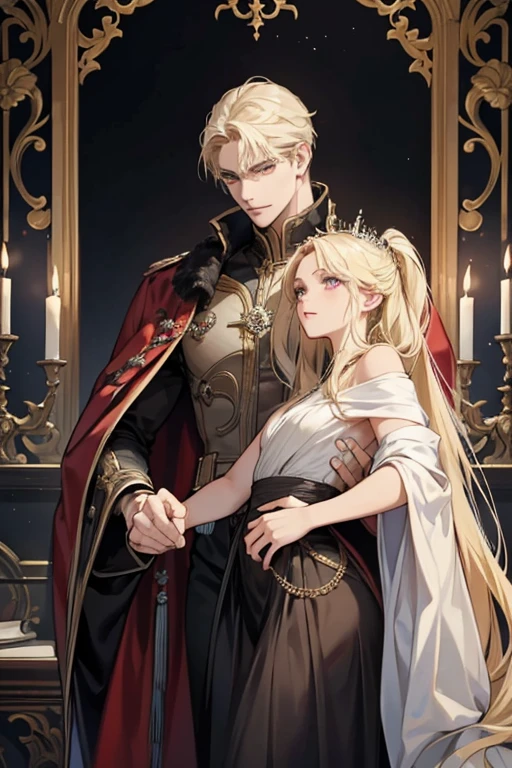 man and woman, couple, prince and princess, man in white hair, woman in brown hair, beautiful face, detailed face, plump lips, detailed nose, detailed eyes, medieval times, in a tavern