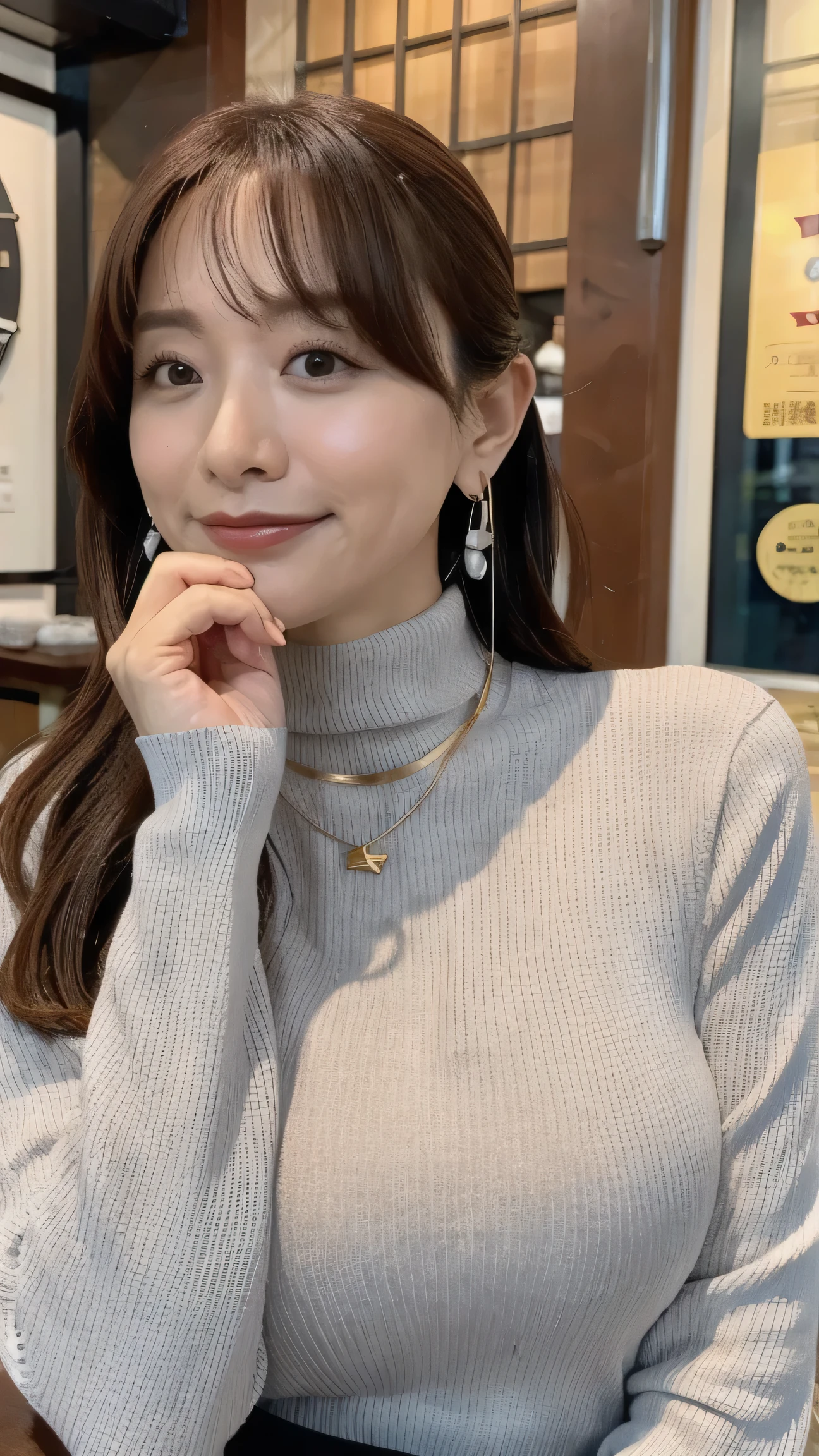 The entire head fits within the frame、drinking beer at an izakaya、Touching the breast with one hand is the top priority、 silver thin necklace、golden ring earrings 、I'm wearing a gray thin knit body-fitting turtleneck sweater、Hairstyle in a bun