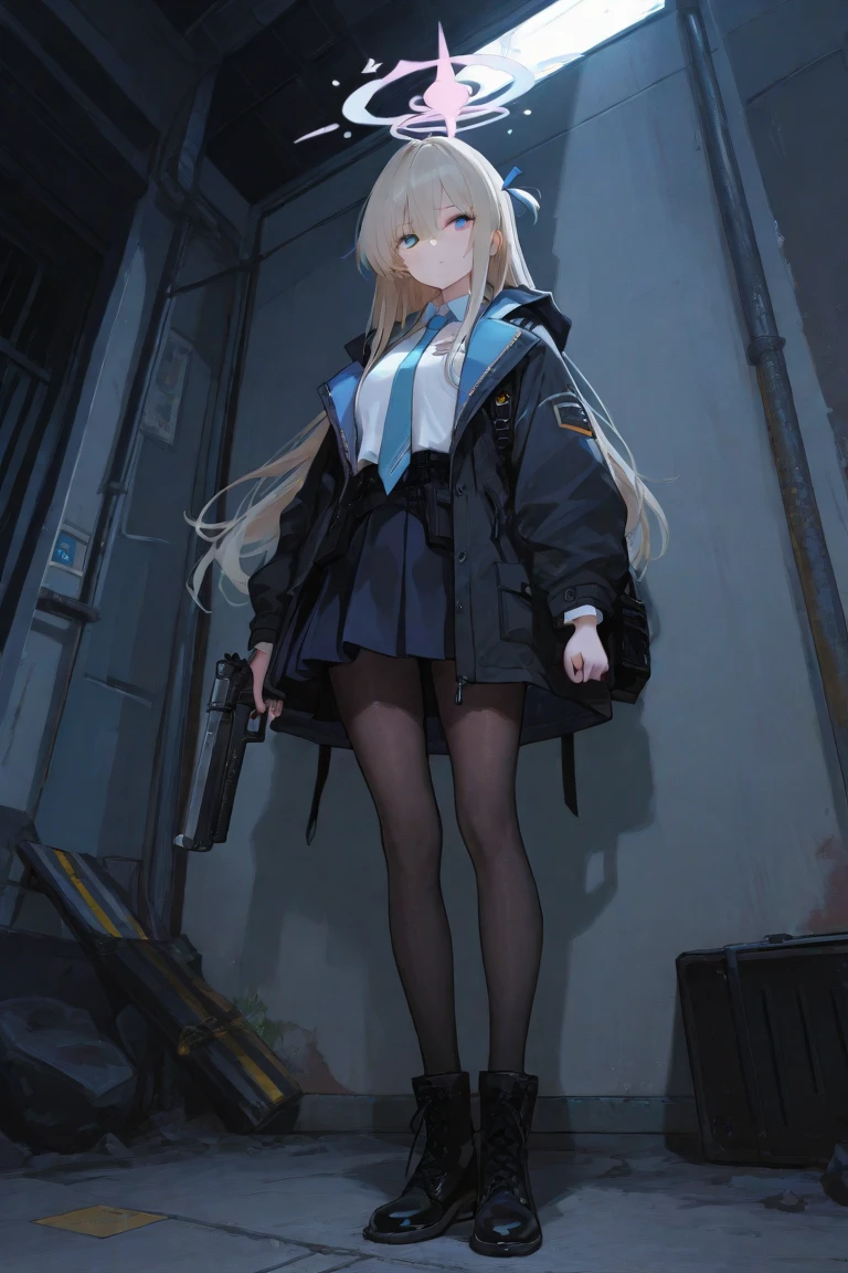 one pretty woman,Clear facial features,serious expressions,Long legs wear black stockings,black short skirt,Very high,The background is a toy processing factory