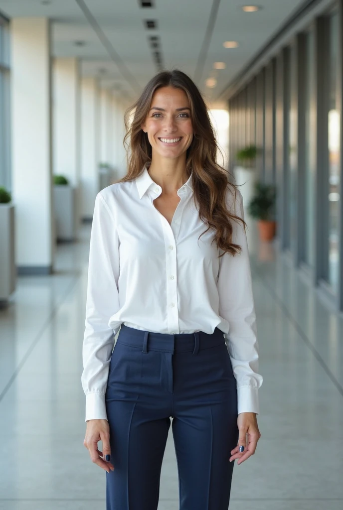 Woman wearing a white German shirt and dark blue trousers, standing in the middle of the large modern company hall, two hands placed slightly on the sides of the thighs, standing firm, radiant smile, Professional full body photo.