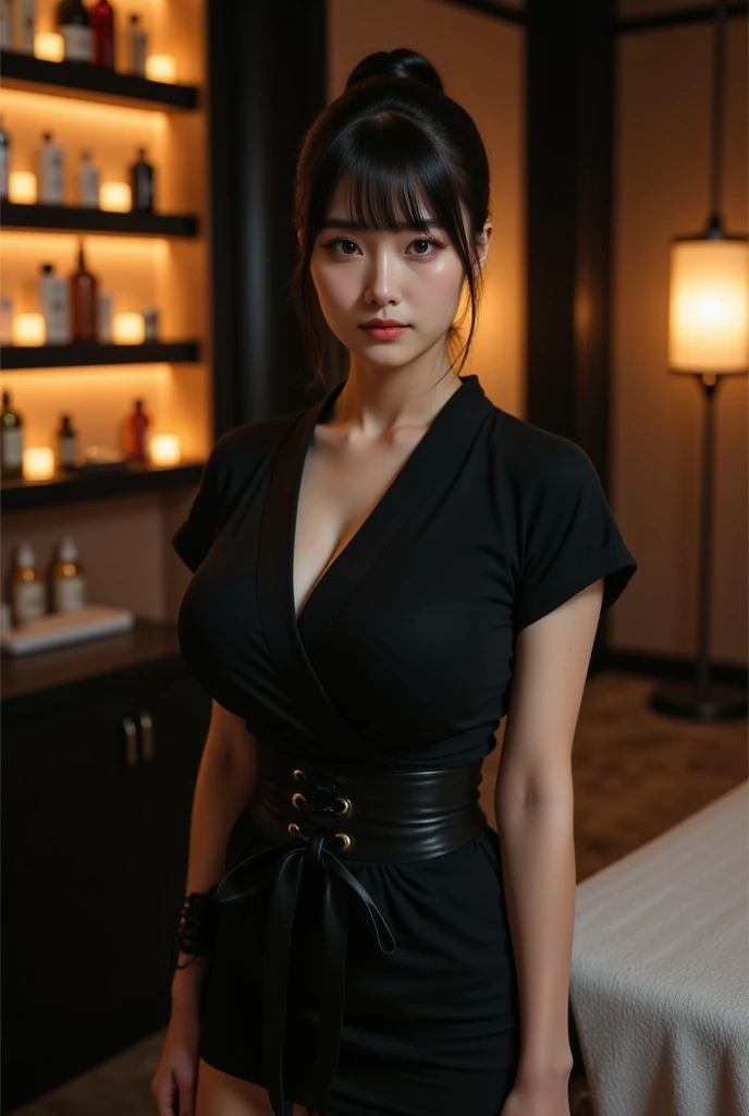 (Realistic, photo-Realistic:1.37),(8k, RAW Photos, Highest quality, masterpiece:1.2), cute, Ultra-detailed, 超High resolution, Kodak Vision Color, Filmed with an Arricam LT camera,Highest quality, sexy、ponytail、、Cleavage、Lively, 8K, High resolution, 1 girl, Escape, (Professional Lighting), (Portraiture:0.6), Arima Onsen townscape、 Black Hair, (Medium Hair),21 years old、slender、Japanese,Medium Hair、(RAW shooting, Photorealistic:1.5, 8k, Highest quality, masterpiece, 超High resolution), Sengoku, 火 thing, War 火s raging everywhere:1.3, Perfect dynamic composition:1.2, Highly detailed skin and facial textures:1.2, Slim female ninja holding a sharp dagger:1.3, Fight:1.2, beautifully、aesthetic, キュートでsexyな美女, Perfect Style:1.2, Wear an exquisite ring, Fair skin, Very beautiful face, A faint smile, (Wearing a turtleneck ninja outfit), Cowboy Shot, No mask, ninjitsu pose, Neon Light, ninjitsu style, Magic Light, Chakra Light, aura