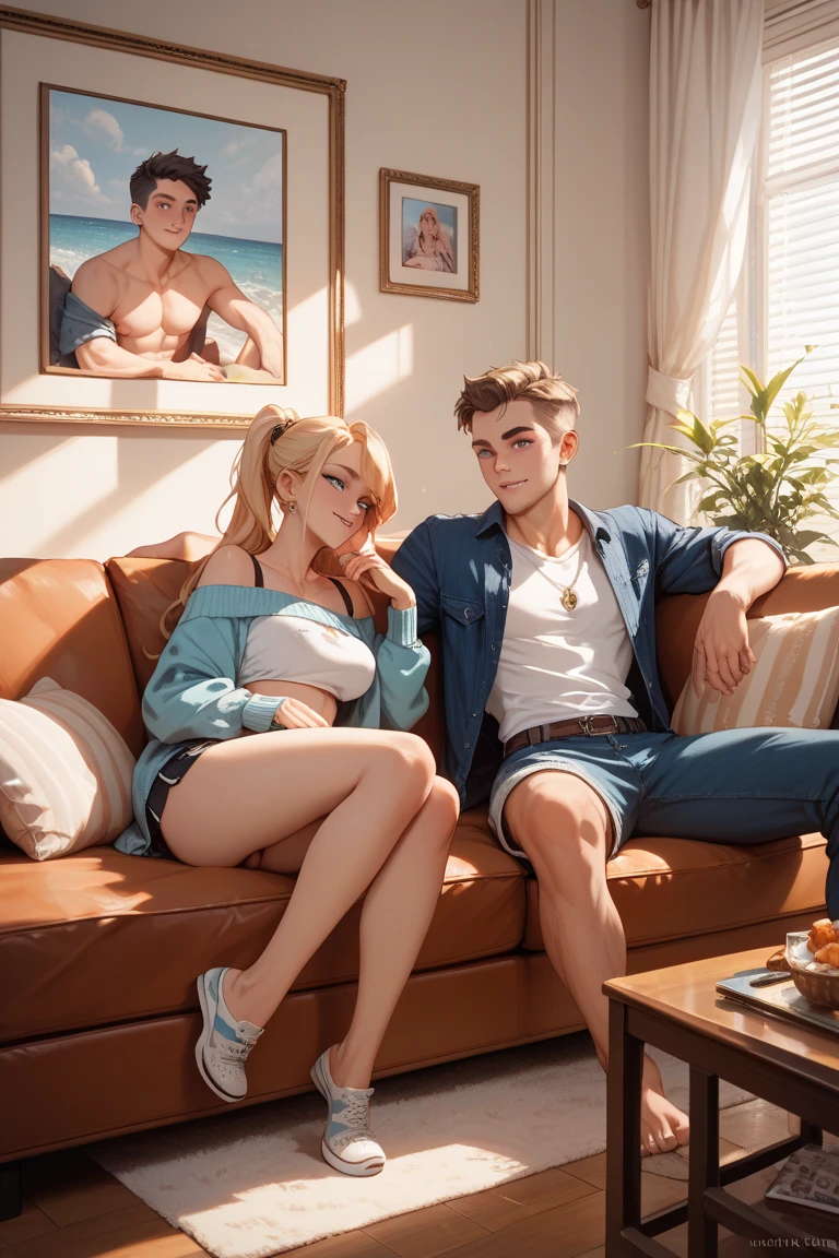 tiro realista quente, Grande Angular, Girl and man sitting on a couch, Kodachrome, fotografia de 35 mm, 8k, romantic style, separation