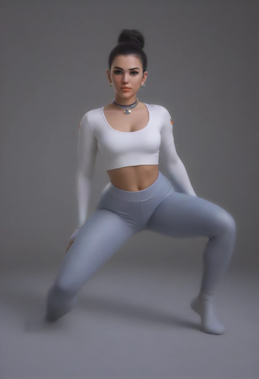 best quality, masterpiece, wearing leggings and a crop top hoodie, cameltoe, thigh gap,  slim, petite, detailed facial features, detailed, symmetry, cinematic lighting, cameltoe