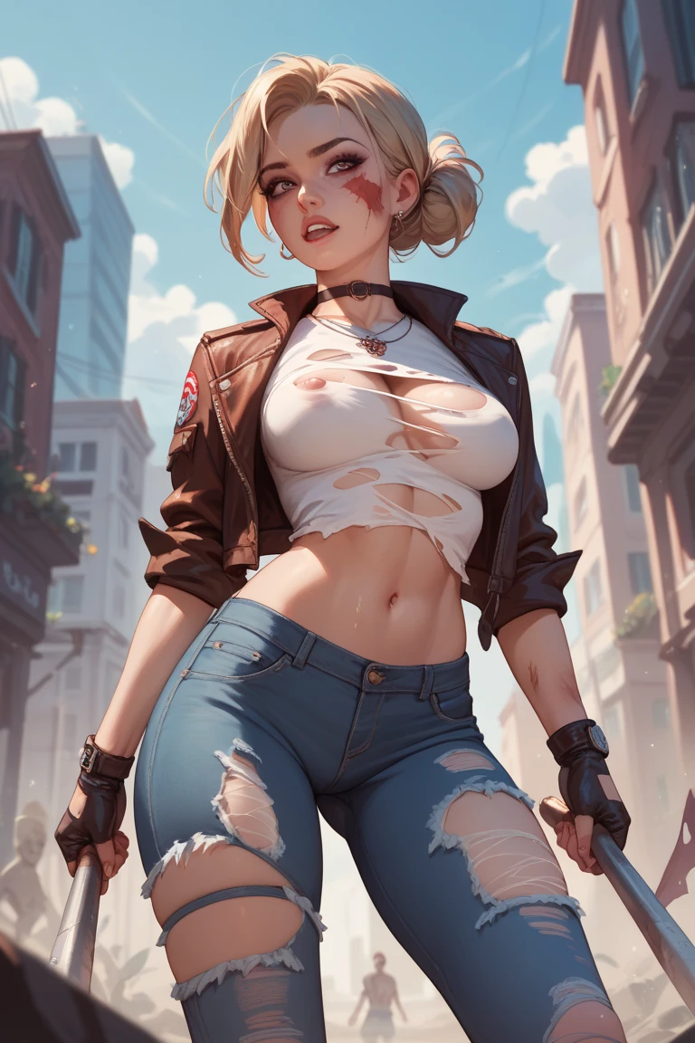 photography, bokeh, highres, ultra detailed, intricate details, absurdres, masterpiece, BREAK
1girl, beautifully detailed woman, beautifully detailed mouth, extremely detailed eyes and face, beautiful detailed eyes, matte eyeshadow, eyelashes, eyeliner, ultra glossy lipstick, (pouty lips:1.3), makeup, blush, BREAK
detailed background, BREAK
terry bogard girl, blonde hair, ponytail, blue eyes, long hair, baseball cap, fingerless gloves, denim shorts, sexy pose, cowboy shot, BREAK, huge breasts