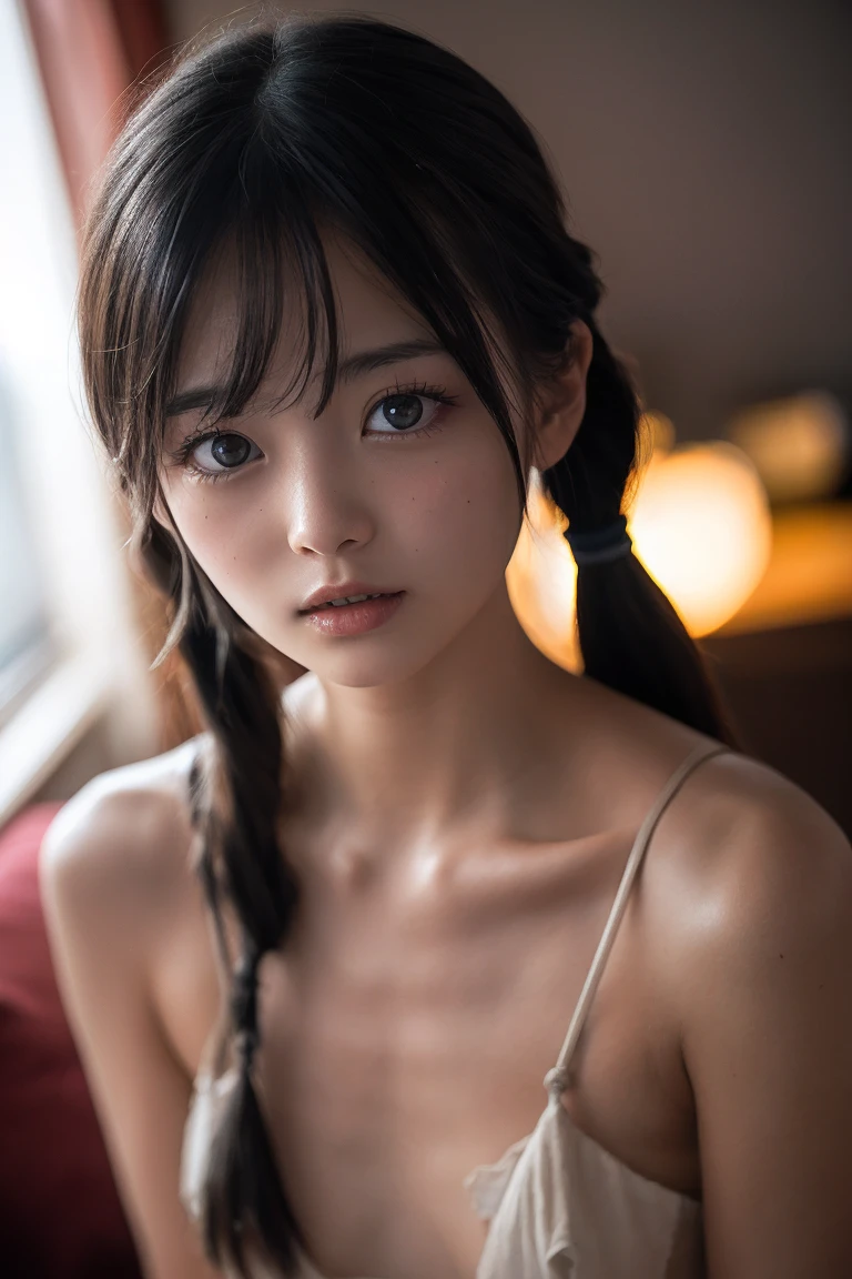 ((Highest quality)), ((masterpiece)), (detailed), (Japanese),Photorealism, close up, wide angle, seen from below,, Black Hair,(Childish face), Girl with single braided hair ,Small Breasts, (topless),(Naked), sad , ((arched back)), (extreme_close_up) ,upper body ,wet street with rain, a girl wears a short-sleeved shirt that is wet and hanging down exposing her (bare shoulders:1.2), (Light Yellow cardigan),(V neck neckline),((white See-through)), we'll lighted area,