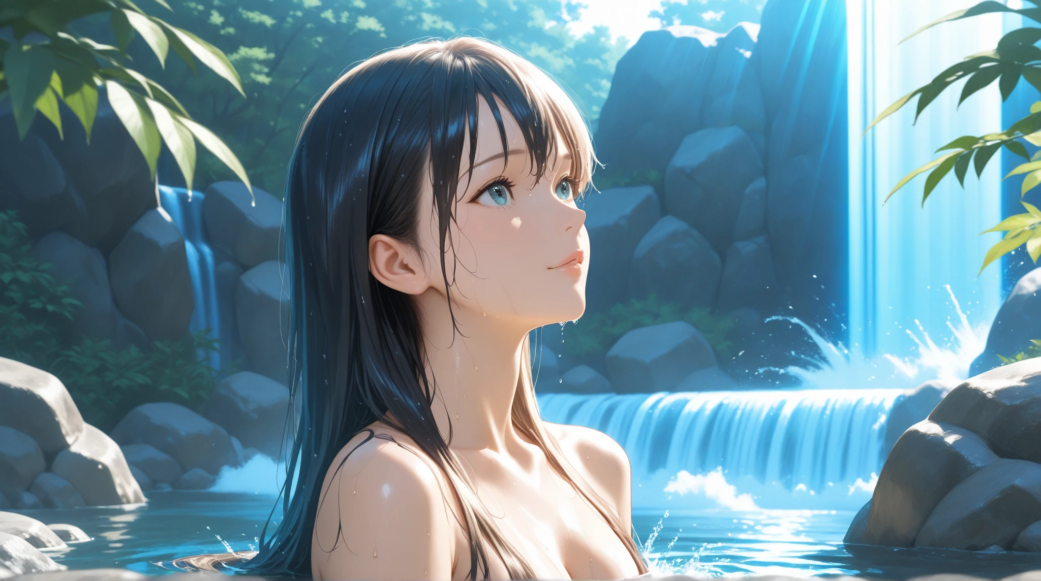 (masterpiece), best quality, ultra-detailed, high resolution, extremely detailed cg,1girl In The Lake,Solo,large breasts,((Black hair)),long hair,blue eyes,Japane Girl,((looking_back,from_behind,)),whole body,((nipples,topless,Hip,White Fundoshi)),waterfall,Blash,embarrassed,((arms behind back,))