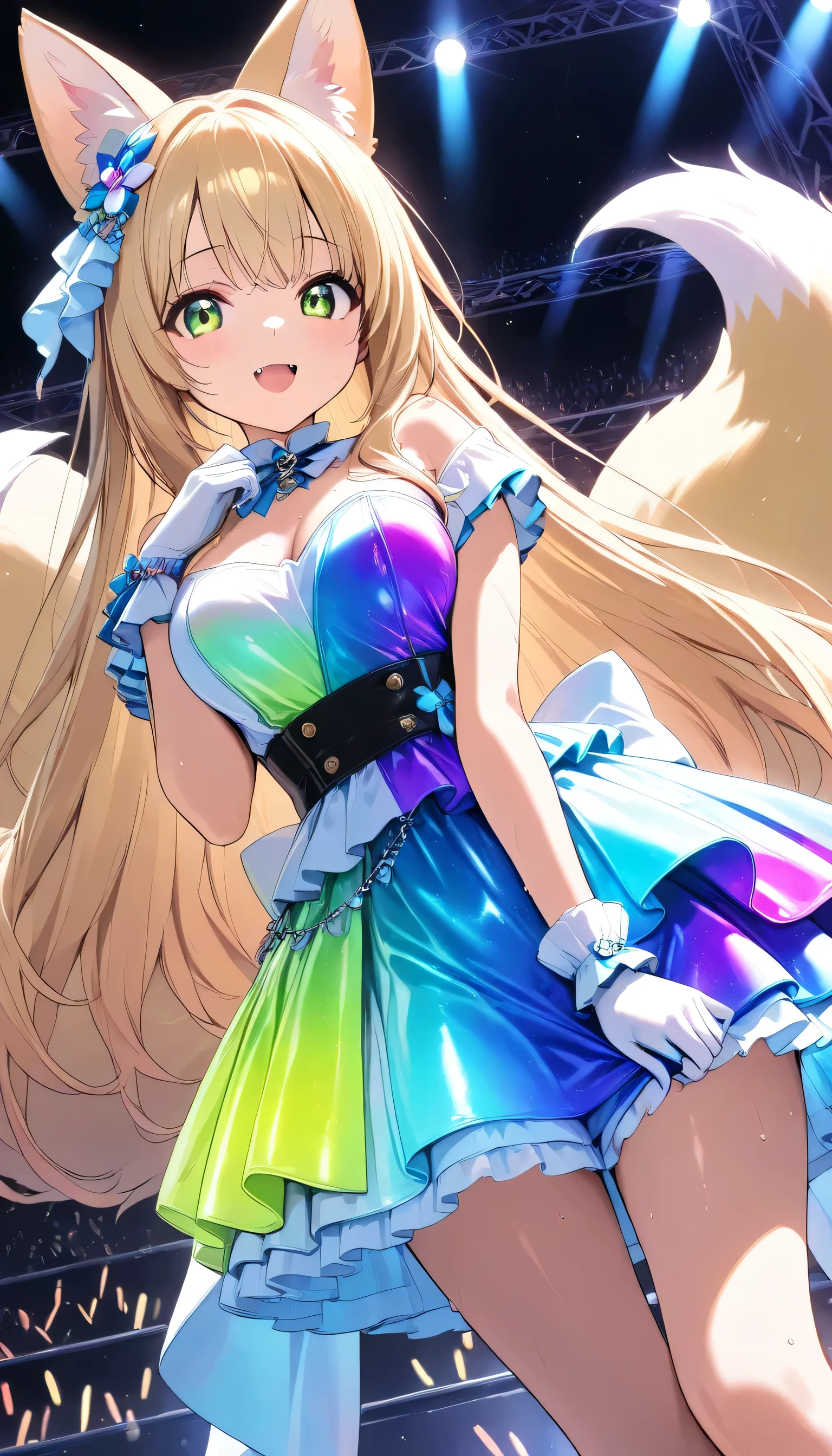 score_9, score_8_up, score_7_up, score_6_up, score_5_up, score_4_up, Embarrassed, (masterpiece:1.3, perfect details:1.3, best quality:1.3, 8k wallpaper), ((beautiful detailed eyes, clean eyes)), source_anime,
((1girl, fox girl, blonde long hair,multiple tails,fox tail,fox ears, medium breast, green eyes, mouth with fangs)), (wet skin), looking at viewer, idol dress, singing on the stage, ((green Idol costumes, iridescent gradient dress, Iridescent Gloss Gradient dress)), idol-themed scene featuring young performers in dazzling, The performers should have dynamic, expressive poses, sparkling accessories, set on a glamorous stage with bright spotlights and a lively crowd in the background, steage, live stage, smile, Alluring expression, Music Stage, Festival